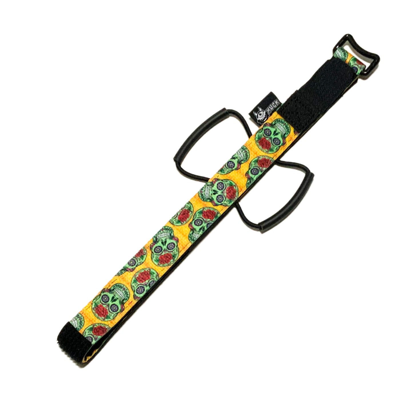 Huck Enduro Strap, Bike storage strap, sugar skulls design, green, yellow, red colours. gift idea for mountain bikers, perfect gifts for cyclists