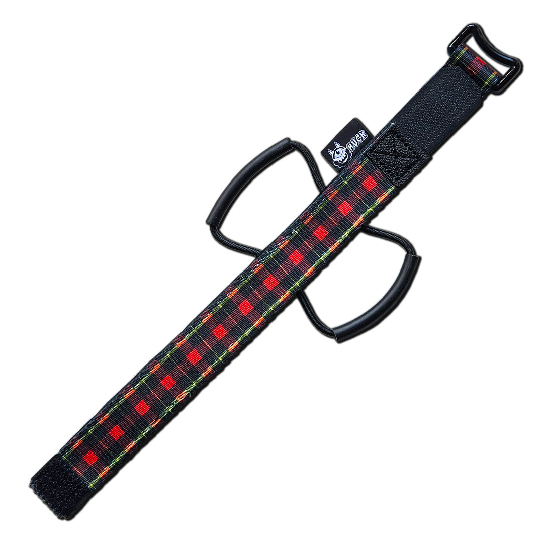 Huck Enduro Strap, Bike storage strap, Tartan design, red black and yellow. gift idea for mountain bikers, perfect gifts for cyclists